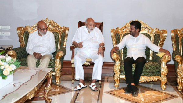 Telangana CM Revanth Reddy meets Ramoji Rao in film city Telangana CM Revanth Reddy meets Ramoji Rao in film city