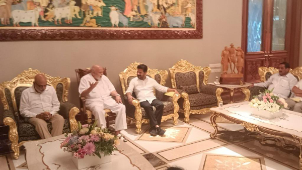 Telangana CM Revanth Reddy meets Ramoji Rao in film city Telangana CM Revanth Reddy meets Ramoji Rao in film city