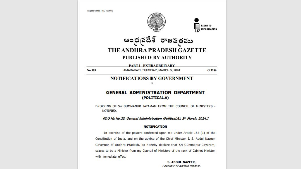 ys jagan removed minister gummanur jayaram from cabinet after joined tdp governor accepted