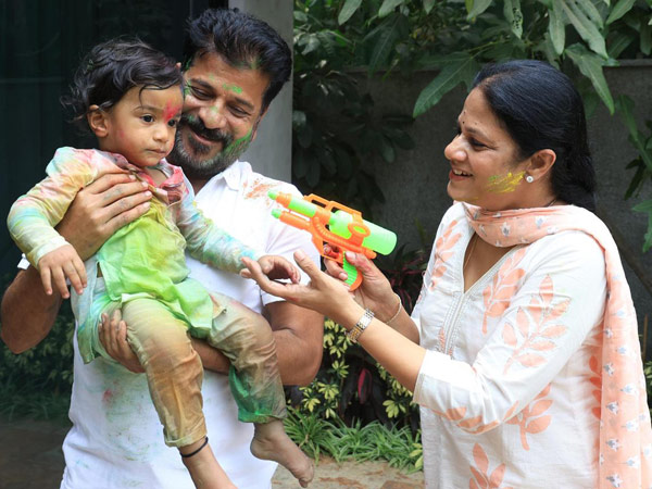 Telangana cm revanth reddy holi celebrations with grand son Reyansh
