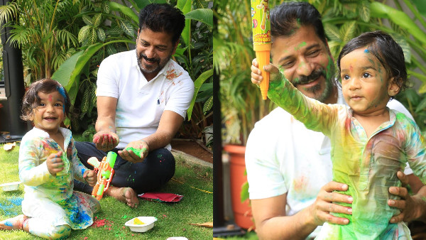 Telangana cm revanth reddy holi celebrations with grand son Reyansh