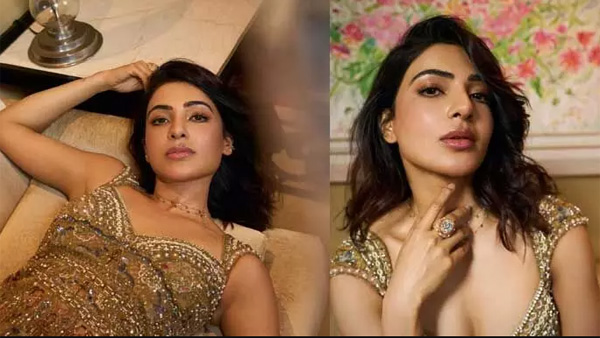 heroine samantha latest gold colour dress photos