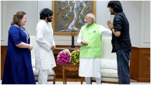 Pawan Kalyan meets PM Narendra Modi with his son Akira Nandan and wife anna lezhneva