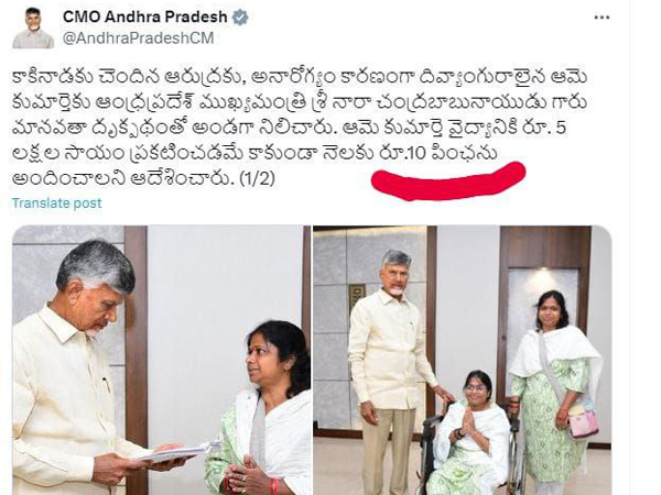 CM Chandrababu Naidu sanctioned Rs 5 lakh aid to disabled women