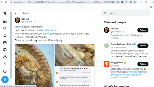 Horrible at Hyderabad s Mehfil Restaurant Man gets worms in Chicken biryani