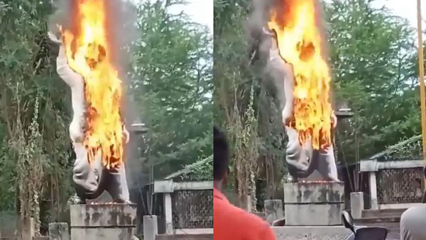 Miscreants set ablaze on the statue of late CM YS Raja Sekhar Reddy in Bapatla