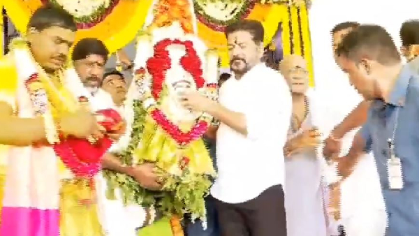 Revanth Reddy celebrates Bonalu at Nalla Pochamma temple in Praja Bhavan