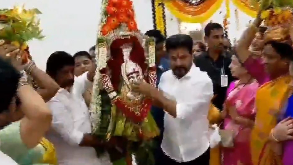 Revanth Reddy celebrates Bonalu at Nalla Pochamma temple in Praja Bhavan
