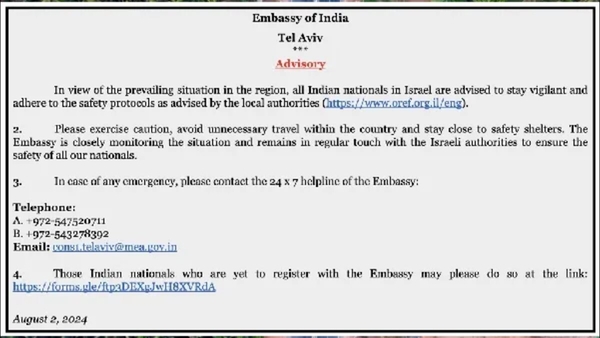 Indian Embassy Latest Advisory for Indians in Israel