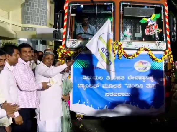 CM Siddaramaiah flags off a tanker carrying Nandini ghee to Tirupati to make Laddus
