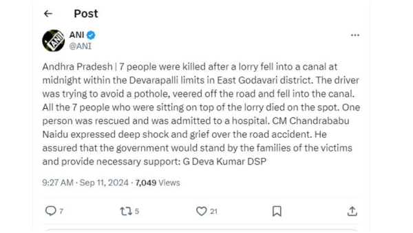 7 people were killed after a lorry fell into a canal in East Godavari of Andhra Pradesh