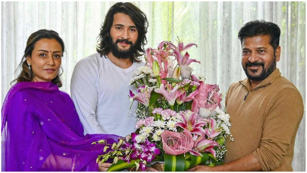 Mahesh Babu Namrata Shirodkar with cm Revanth Reddy to present flood damage donation check