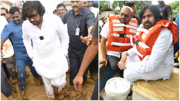 ap deputy cm pawan kalyan travelled on boat in pithapuram jagananna colony to visit flood victims