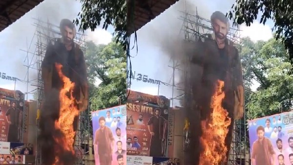 Devara release NTR cutout at Sudarshan 35 mm theatre in Hyderabad was burnt