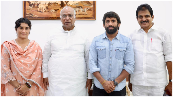 Vinesh Phogat and Bajrang Punia meet Mallikarjun Kharge