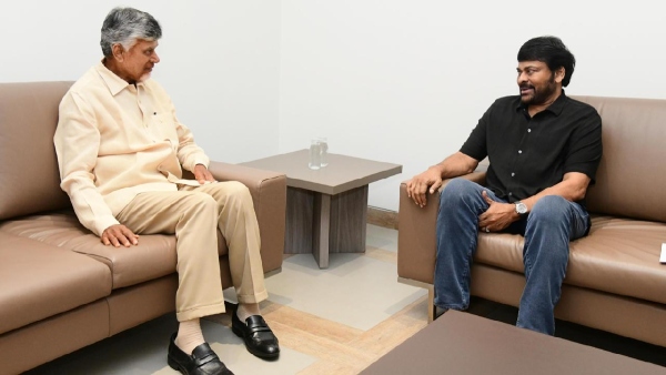 Chiranjeevi meets Chandrababu He presented a check of Rs crore for the flood victims