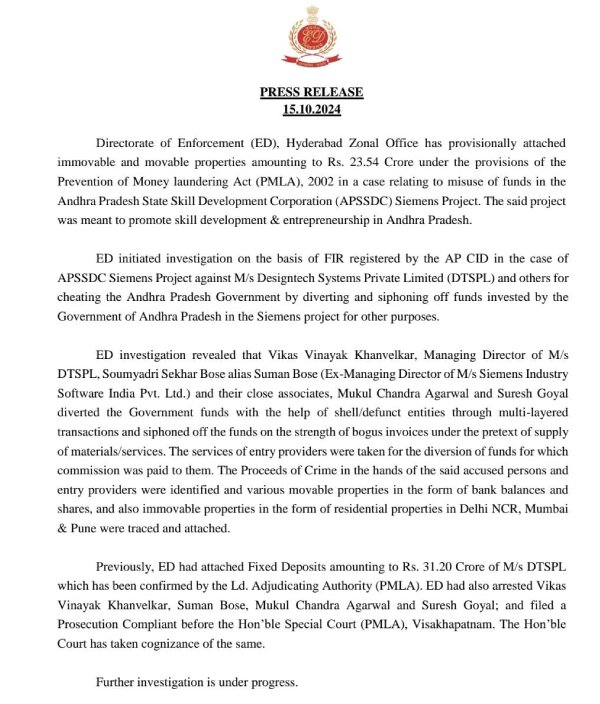 big development in chandrababu s skill development case as ed attached rs 23 54 cr properties