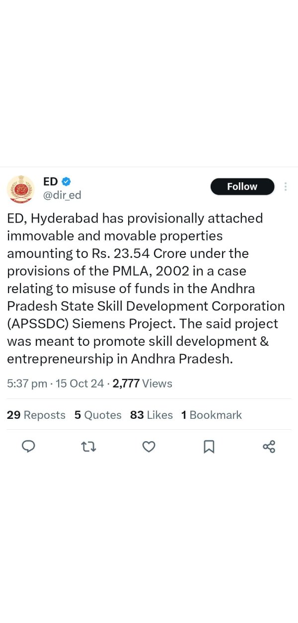 big development in chandrababu s skill development case as ed attached rs 23 54 cr properties