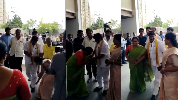 AP Home Minister Vangalapudi Anitha touches TDP MLA Balakrishna s feet