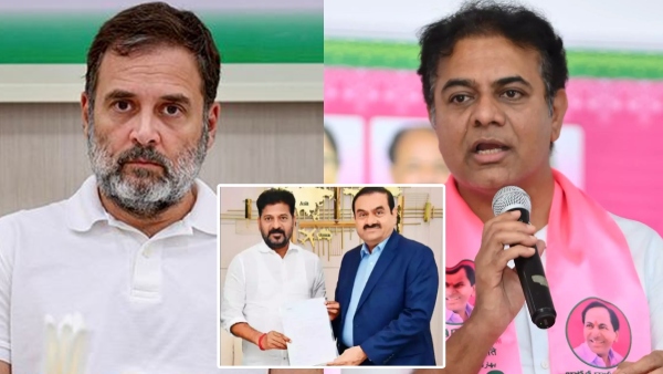 CM Revanth Reddy s agreements with Adani KTR questions Rahul Gandhi