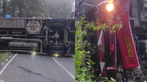 A bus carrying Sabarimala pilgrims from Karnataka overturned in Kerala