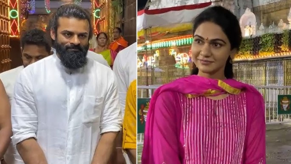 Arjun s wife Sneha Reddy and Sai Dharam Tej in Tirumala