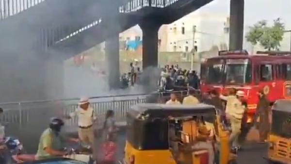 Several bikes parked at Malakpet Metro Station in Hyderabad catches fire