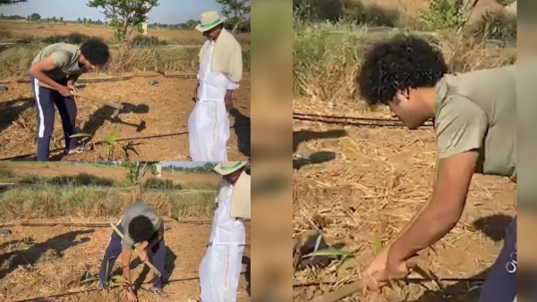 KTR s Son Himanshu Rao learning agriculture works from his Grandfather KCR