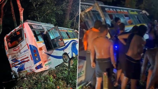 Hyderabad Ayyappa devotees bus overturns near Pampa river Ghat road Hyderabad Ayyappa devotees bus overturns near Pampa river Ghat road