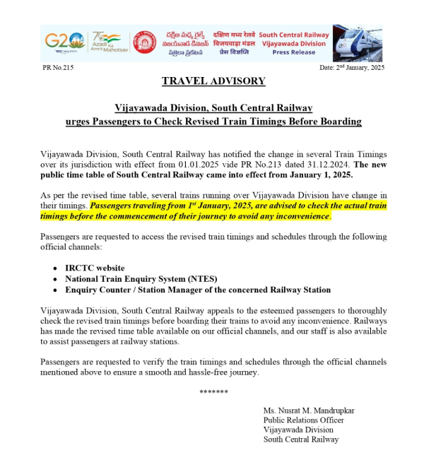 south central railway Vijayawada division travel advisory to passengers in wake of timings change