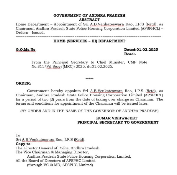former intelligence chief ab venkateswara rao appointed as ap police housing corporation chairman former intelligence chief ab venkateswara rao appointed as ap police housing corporation chairman