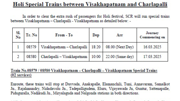 south central railway announces two holi special trains between charlapalli and visakhapatnam south central railway announces two holi special trains between charlapalli and visakhapatnam
