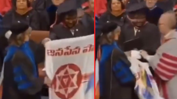 Students display political flags while receiving degrees abroad