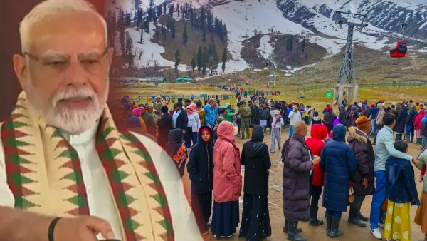 Locals welcome tourists arriving in Pahalgam with flowers