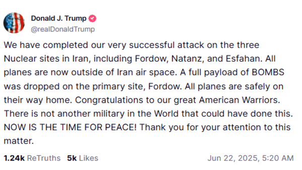US had completed a successful attack on 3 nuclear sites in Iran