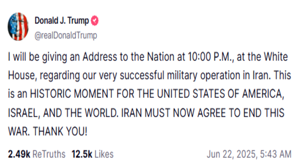 Donald Trump to address the US at 10 pm EST after strikes Iran