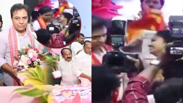Young Woman s Attempt to Kiss KTR on His Birthday Goes Viral at Telangana Bhavan Young Woman s Attempt to Kiss KTR on His Birthday Goes Viral at Telangana Bhavan