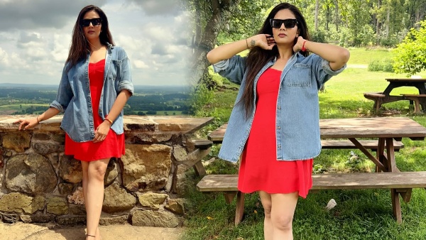 sreemukhi shares Red frock color photos in her social media