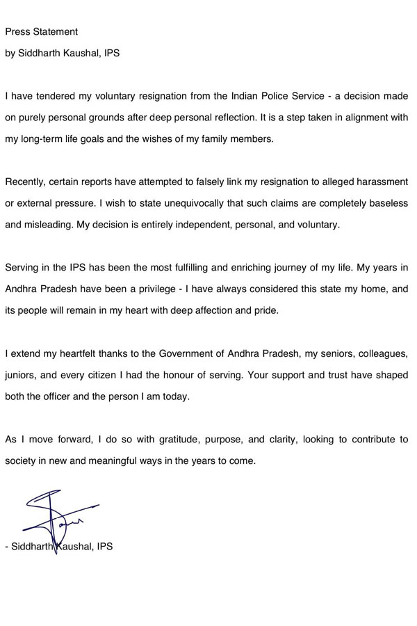 AP cadre IPS officer Siddharth Kaushal has announced his voluntary resignation AP cadre IPS officer Siddharth Kaushal has announced his voluntary resignation