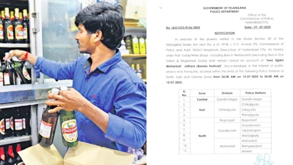 Hyderabad Enforces Two-Day Liquor Ban for Bonalu Festival July 13-15 Hyderabad Enforces Two-Day Liquor Ban for Bonalu Festival July 13-15