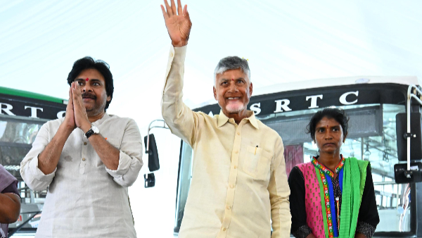 Chandrababu pawan kalyan and nara Lokesh launches stree shakti-free bus travel for women scheme Chandrababu pawan kalyan and nara Lokesh launches stree shakti-free bus travel for women scheme