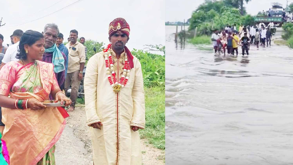 relatives carried bridegroom to crossed the stream in karimnagar viral video
