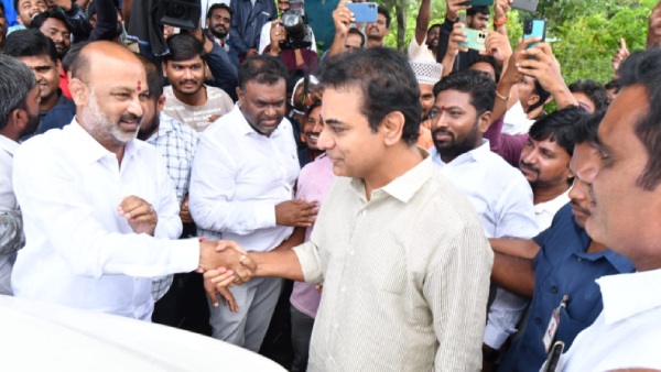 KTR and Bandi Sanjay s Rare Meeting Amidst Flood Rescue Operations Goes Viral KTR and Bandi Sanjay s Rare Meeting Amidst Flood Rescue Operations Goes Viral