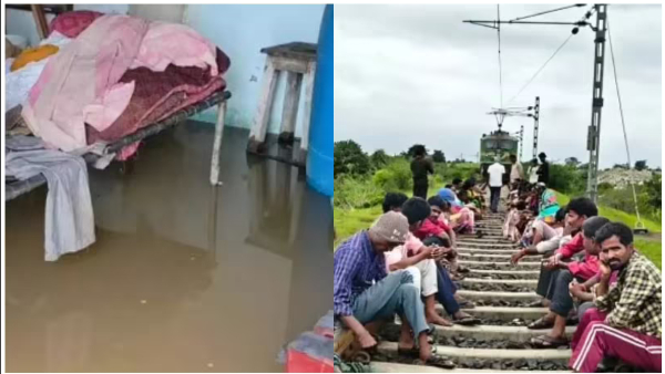 sangam kalan village flooded Villagers dharna on railwaytrack stopped goods train demands