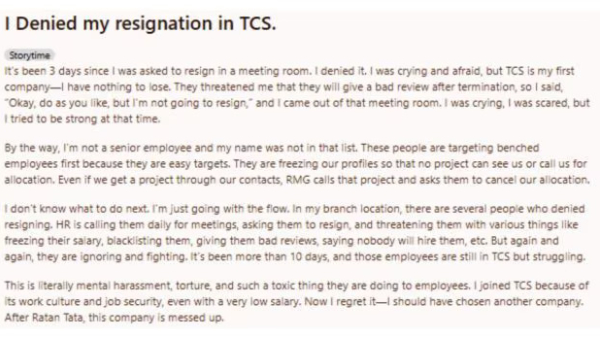 TCS Employee Shares Shocking Ordeal After Refusing to Resign Amid Layoffs TCS Employee Shares Shocking Ordeal After Refusing to Resign Amid Layoffs