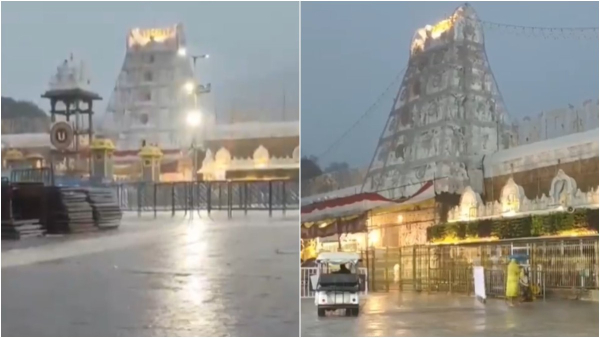 Heavy rainfall in Tirumala causes inconvenience to devotees arriving for darshan at Venkateswara Temple