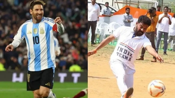 CM Revanth VS legendary player Lionel Messi football match in uppal stadium CM Revanth VS legendary player Lionel Messi football match in uppal stadium