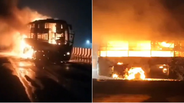 Major accident was averted as Private Travels Bus catches fire Near Kovvur in Andhra Pradesh Major accident was averted as Private Travels Bus catches fire Near Kovvur in Andhra Pradesh