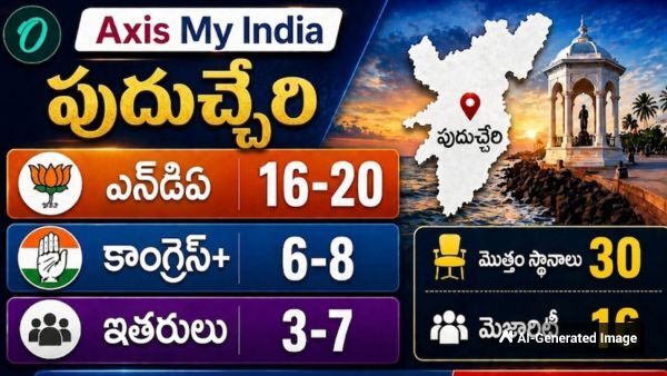యాక్సిస్ మై ఇండియా ఎగ్జిట్ పోల్ 2026 NDA పుదుచ్చేరిలో 40 శాతం ఓట్ షేర్ మరియు 16-20 సీట్లతో విజయం సాధించింది.