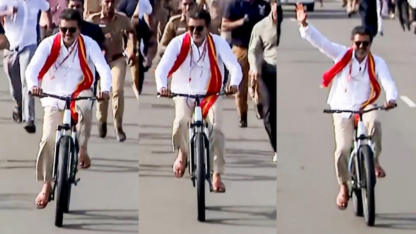 Vijay Rides Bicycle and Whistles While Campaigning in Tamil Nadu Voters Thrilled Vijay campaign Vijay Rides Bicycle and Whistles While Campaigning in Tamil Nadu Voters Thrilled Vijay campaign